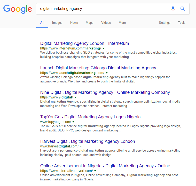 digital marketing agency search result lagos